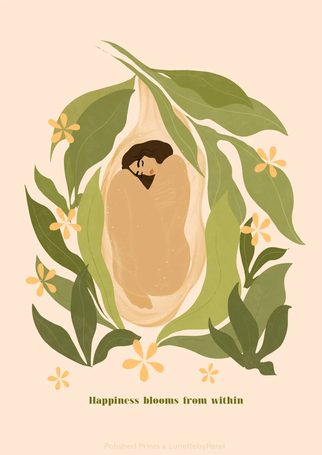 A figure stretching up surrounded by green leaves and yellow flowers for March Guest Post.