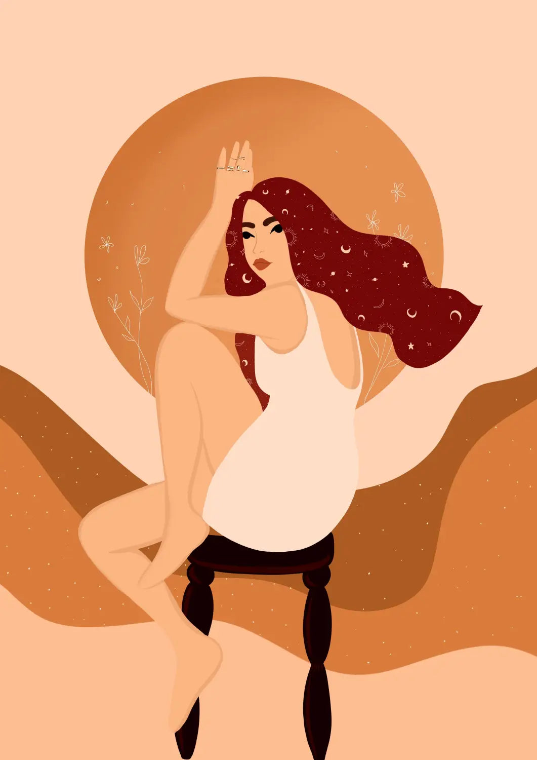 Stylized dancing figure with flowing hair in warm tones, symbolizing self-love means gratitude.