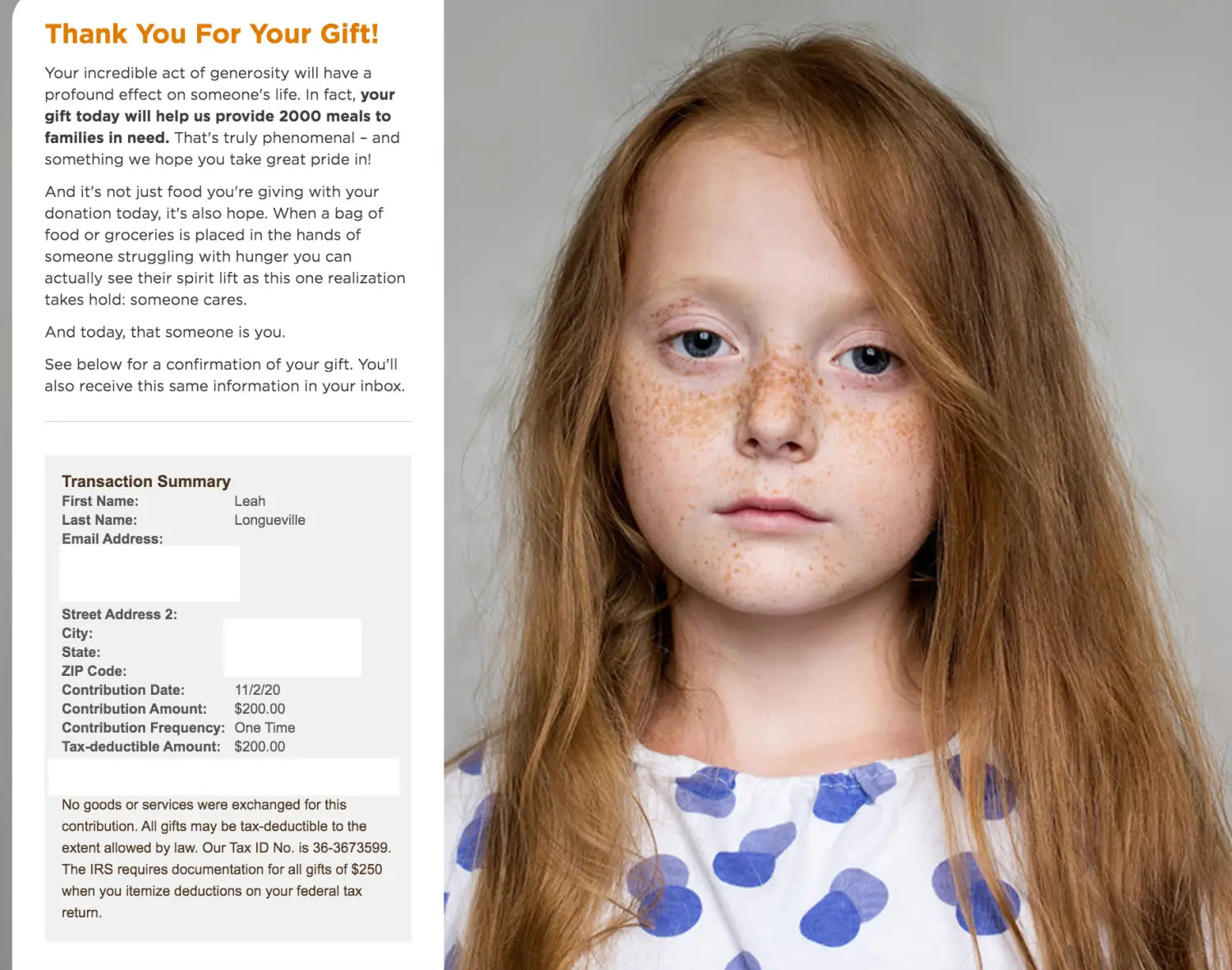 Receipt showing Thank You For Your Gift for Feeding America from the Polished Prints team