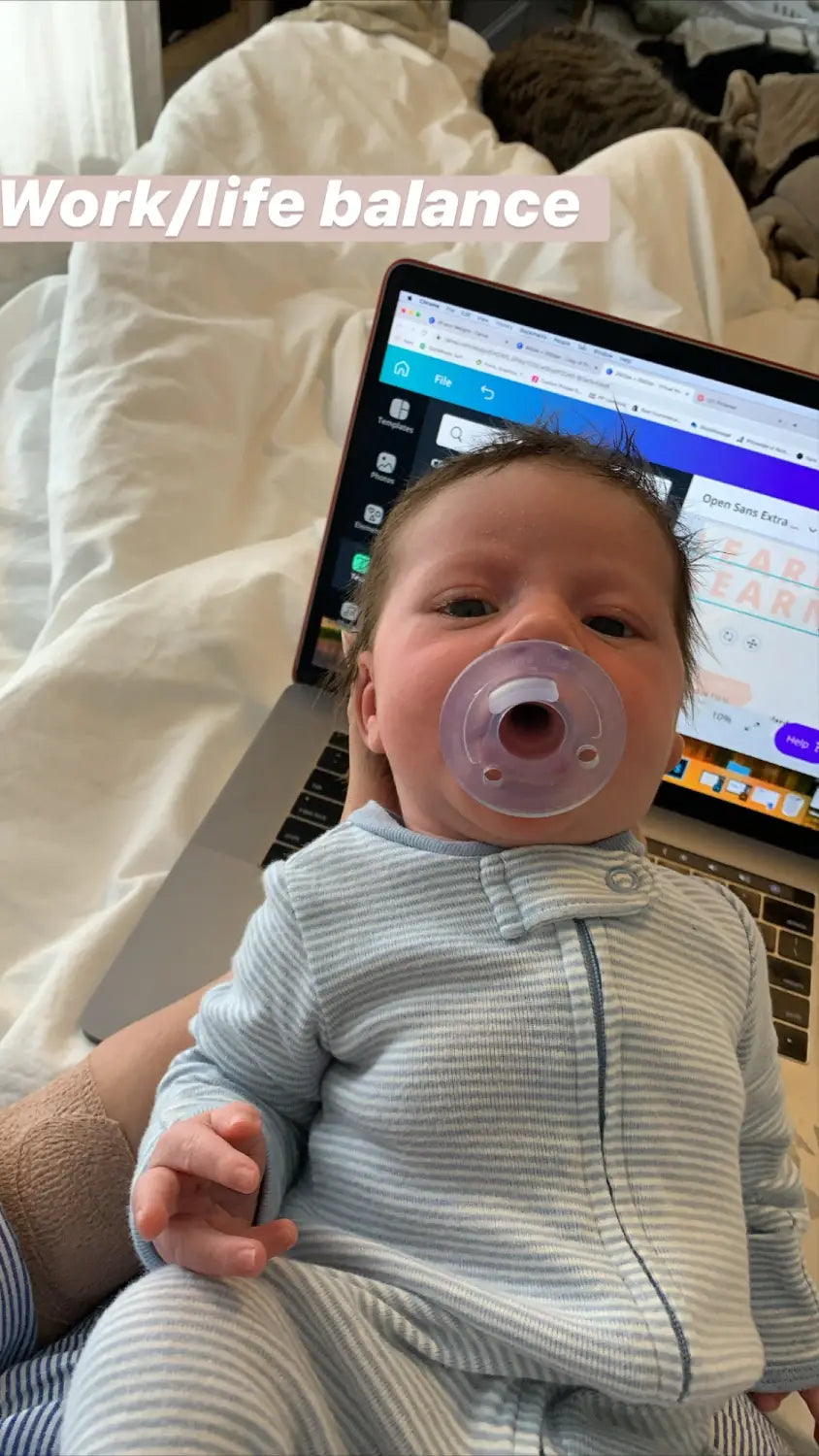 Baby in gray striped onesie and pacifier during maternity leave moments shared on Instagram stories.