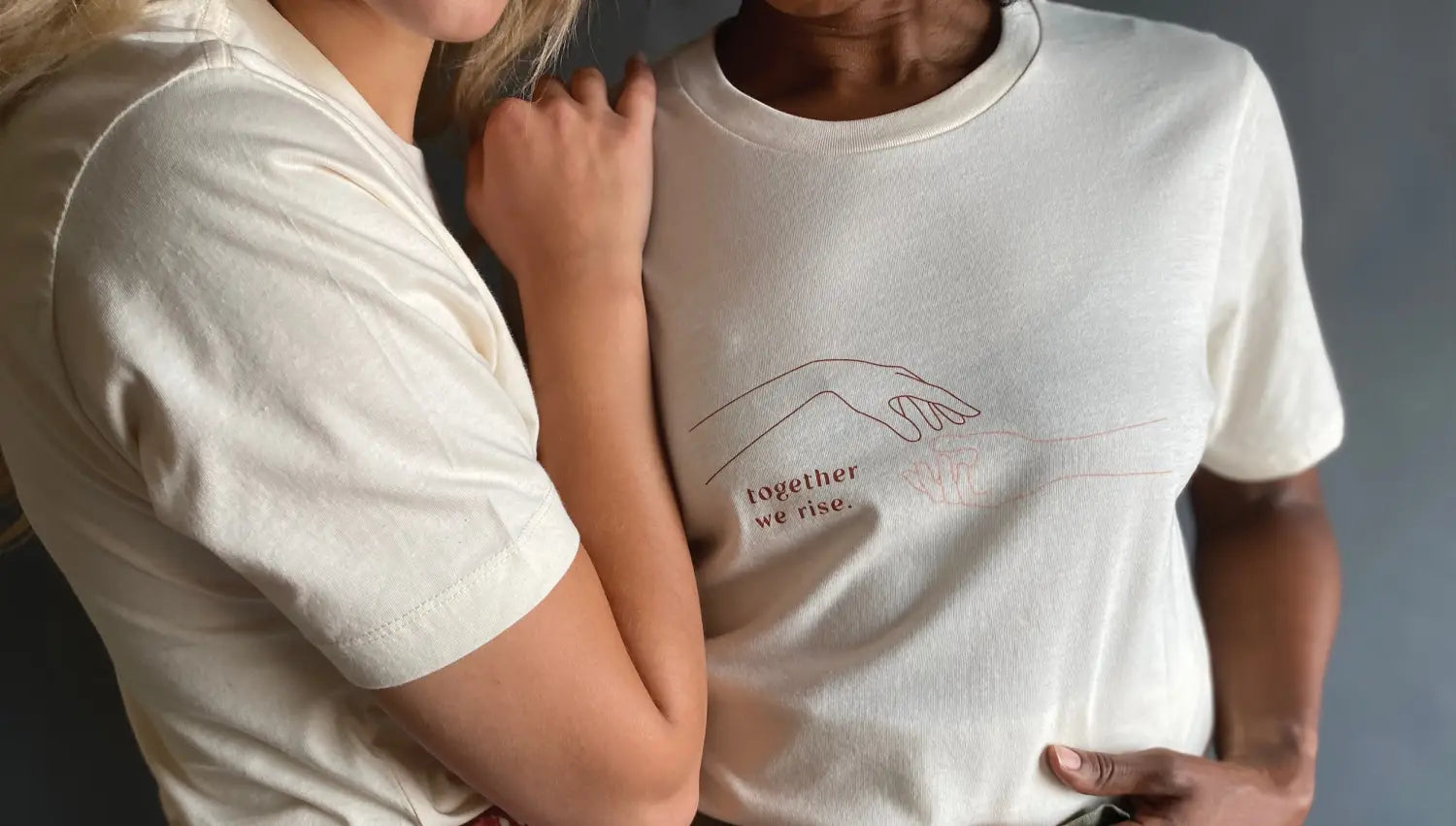 White t-shirt with polished prints for promoting racial equality in Together We Rise.