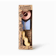 Chocolate toy set in a kraft box showcasing natural rubber floating stacking blocks