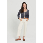 Ecru Aberdeen Ankle Crop high rise jean with white straight-leg, brown belt, pocket details