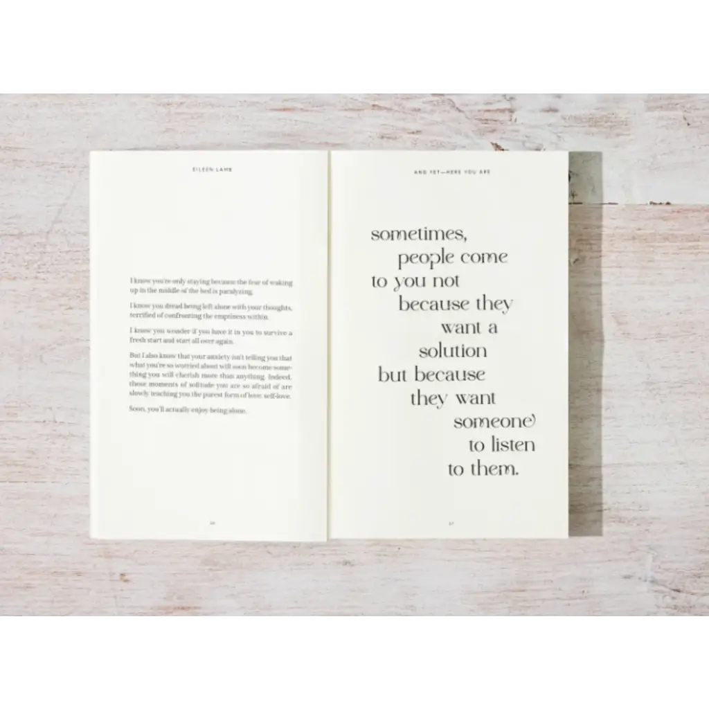 Open book with a quote about listening from Eileen Lamb’s And Yet – Here You Are Book