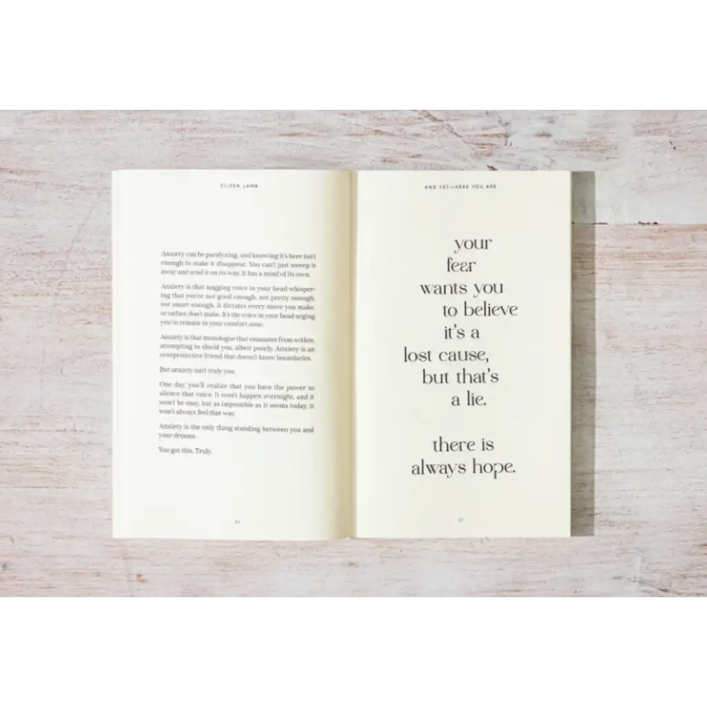 Open book with an inspiring hope quote, featured in Eileen Lamb’s And Yet – Here You Are