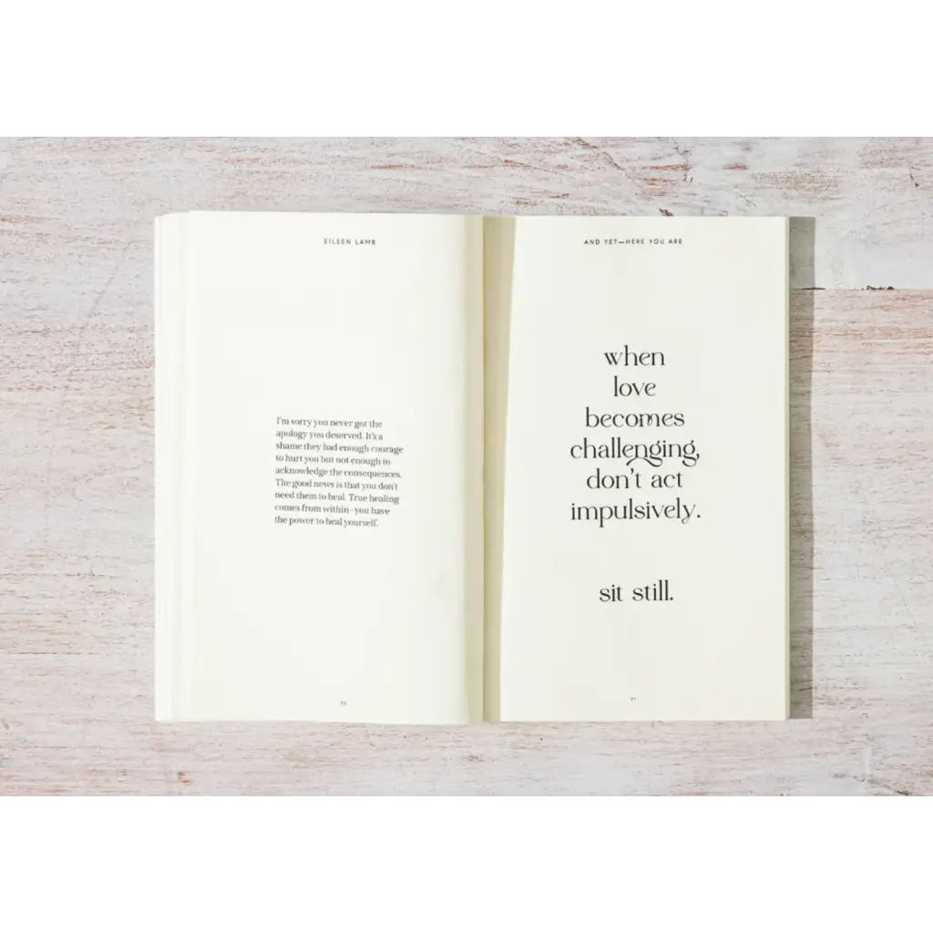 Open book with minimalist love text from And Yet – Here You Are by Eileen Lamb, Edwardsville