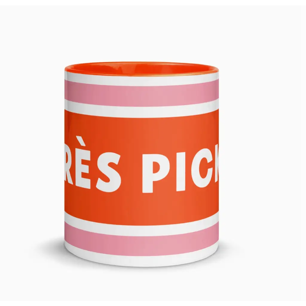 Coffee mug with red and pink stripes, perfect for any Après Pickleball lover