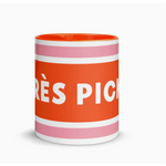 Coffee mug with red and pink stripes, perfect for any Après Pickleball lover