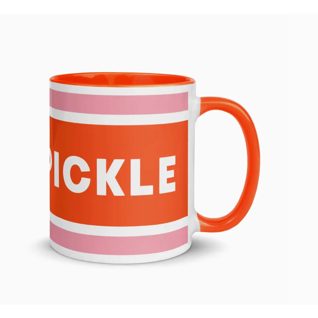 Colorful orange and pink striped Après Pickleball Mug perfect for any pickleball lover