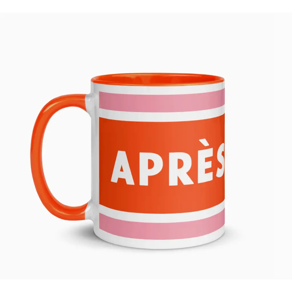 Orange and white Après Pickleball mug with pink stripes for every pickleball lover