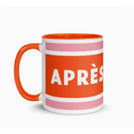 Orange and white Après Pickleball mug with pink stripes for every pickleball lover