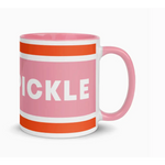 Pink and orange striped Après Pickleball Mug with PICKLE text for pickleball lovers