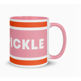 Pink and orange striped Après Pickleball Mug with PICKLE text for pickleball lovers