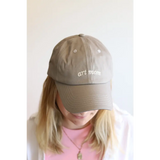 Tan Chill Art Mom Ball Cap featuring embroidered art mom text for effortless style