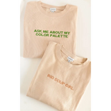 Two stylish beige waffle pullovers featuring fun sayings about color palette vibes