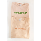Two beige waffle pullovers with fun text about a color palette and being a big soup girl