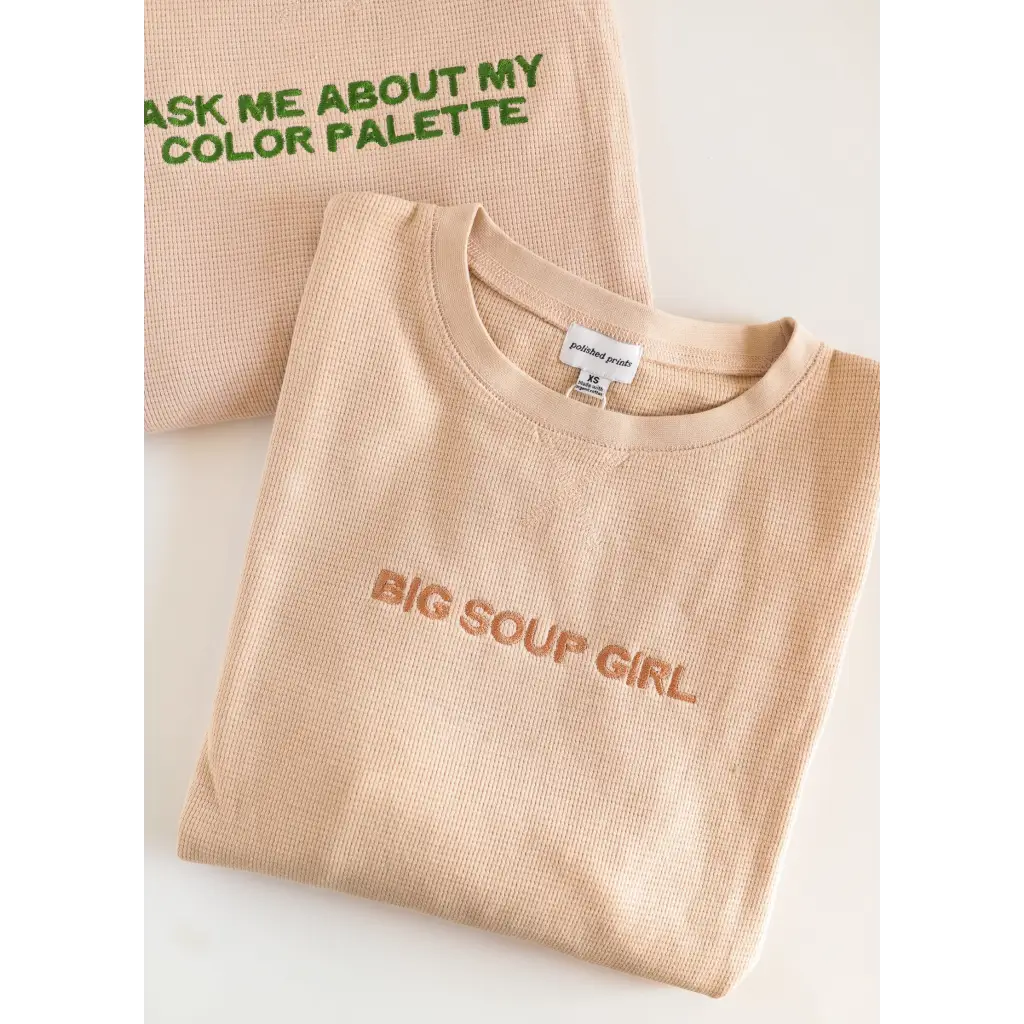 Beige Waffle Pullover with BIG SCOUP GIRL embroidery and vibrant color palette vibe