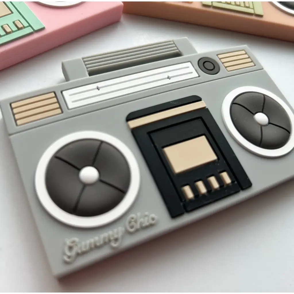 Retro Boom Box Silicone Teether for cool babies with a stylish cassette design