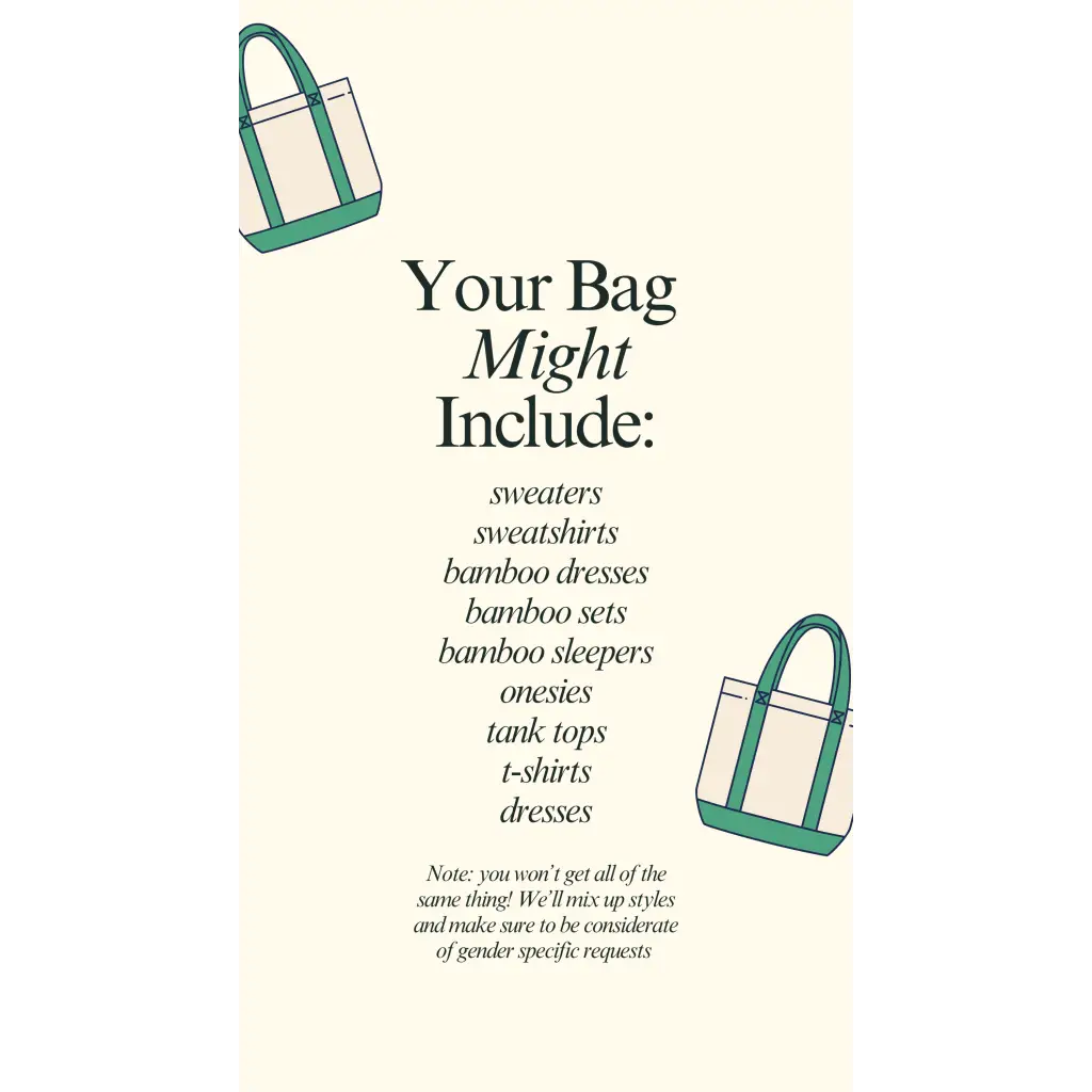 Off-white canvas tote bag with teal trim from Baby Surprise Mystery Bundle featuring popular polished prints