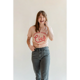Joyful person in a pink Club crop top and gray jeans from Badass Babes Club