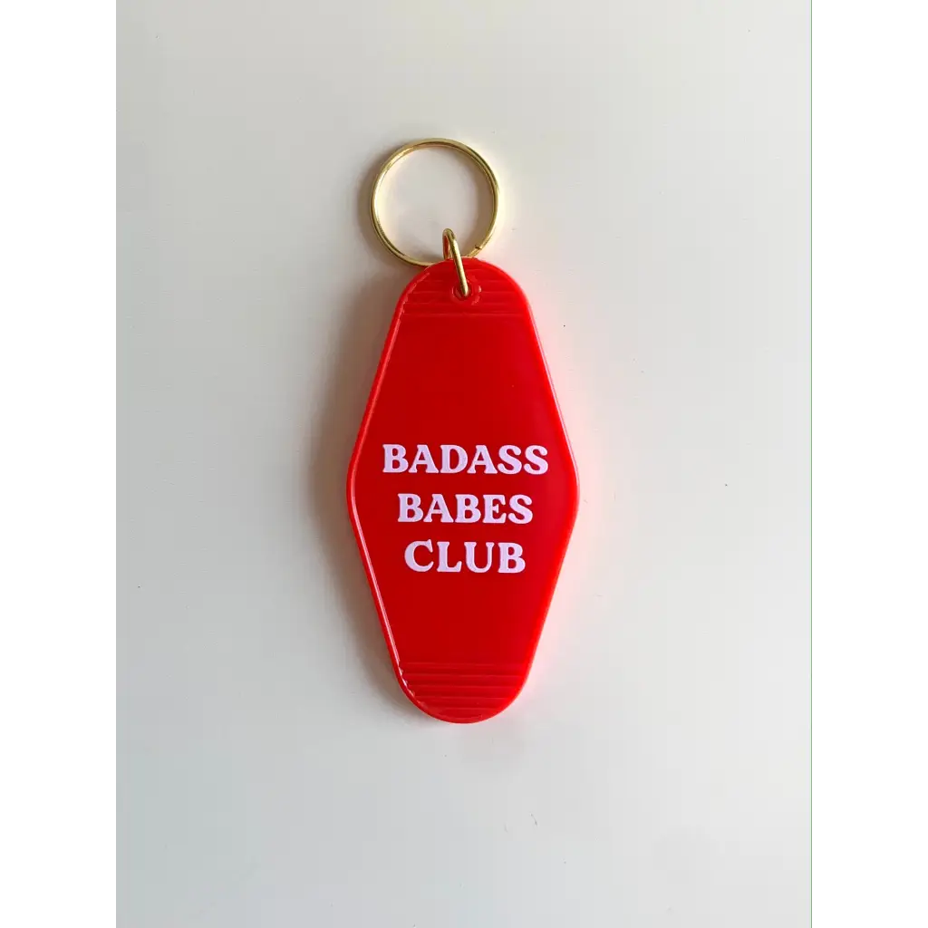 Red motel keychain with Badass Babes Club text for fierce vintage vibes