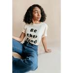White Be the Mod T-shirt paired with blue jeans, a perfect good adult unisex style