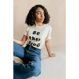 White Be the Mod T-shirt paired with blue jeans, a perfect good adult unisex style