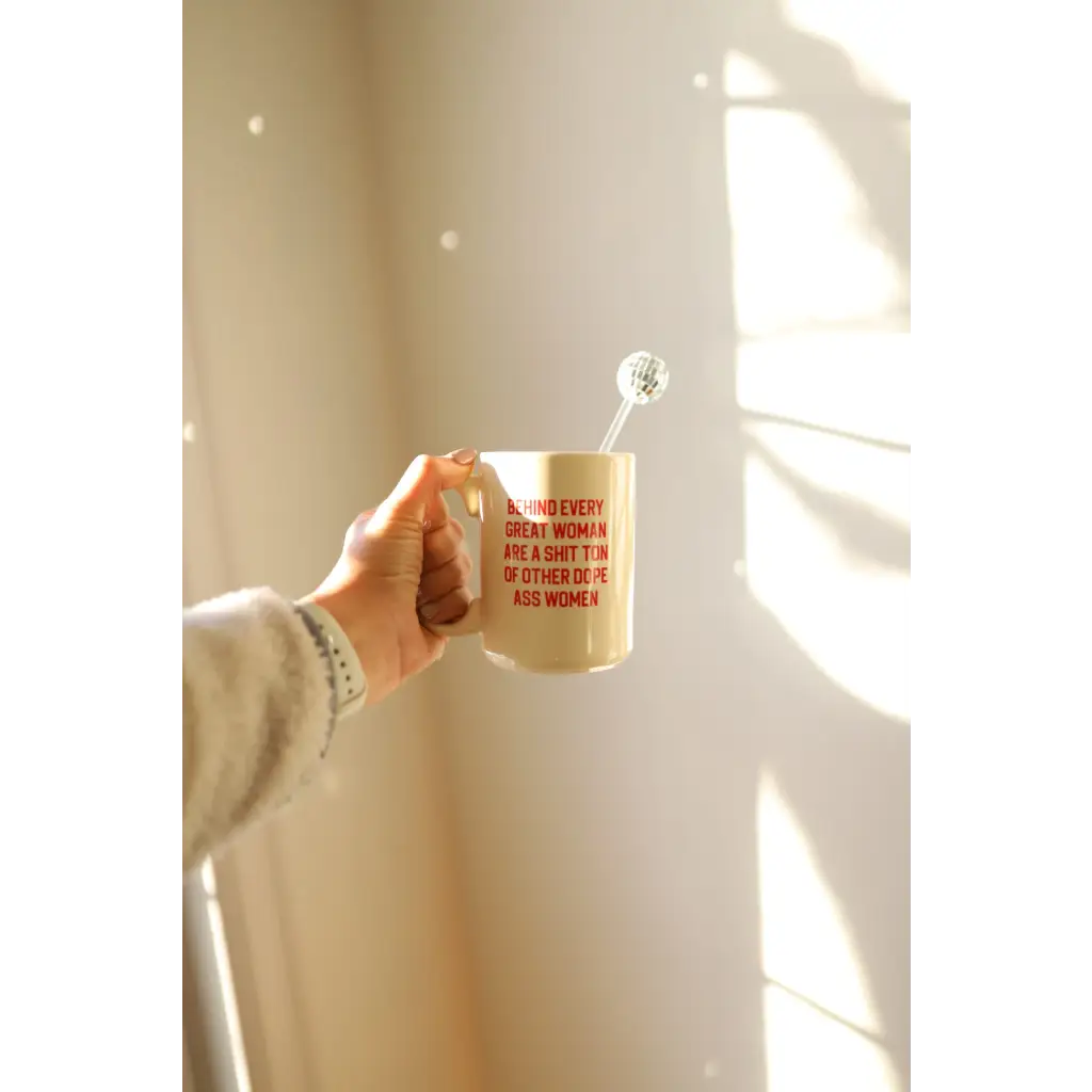 Beige 15oz extra large mug with red text from Behind Every Woman collection