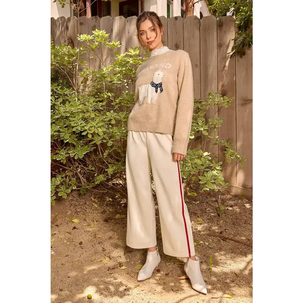 Beige and white tracksuit pants with red stripe, soft material, elastic waistband, polished prints