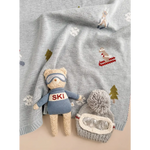 Benjamin Bear ski plushie in blue ski gear with a cool knitt hat and goggles ready for fun