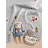 Benjamin Bear ski plushie in blue ski gear with a cool knitt hat and goggles ready for fun