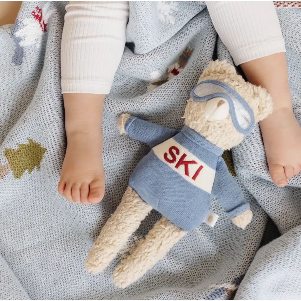 Plush Benjamin Bear ski plushie in blue outfit ready for snow adventures