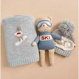 Cozy Knitted Winter Accessories Set with Benjamin Bear Ski Plushie, Beanie, and Blanket