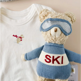 Plush Benjamin Bear ski plushie in a blue sweater and goggles, ready for snow fun