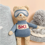 Plush Benjamin Bear ski plushie ready for snow adventures in a cozy blue sweater