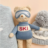 Plush Benjamin Bear ski plushie ready for snow adventures in a cozy blue sweater
