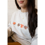 Light grey Big Fan Football embroidered sweatshirt with football-themed icons for fans