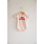 Light pink baby onesie with red BIG MOOD print made from organic cotton