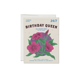 Birthday Queen floral greeting card with pink flowers and green leaves, perfect for stylish womens clothes
