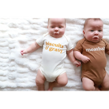 Two babies in Cute Biscuits and Gravy Meatball Baby Onesie Set made from organic cotton