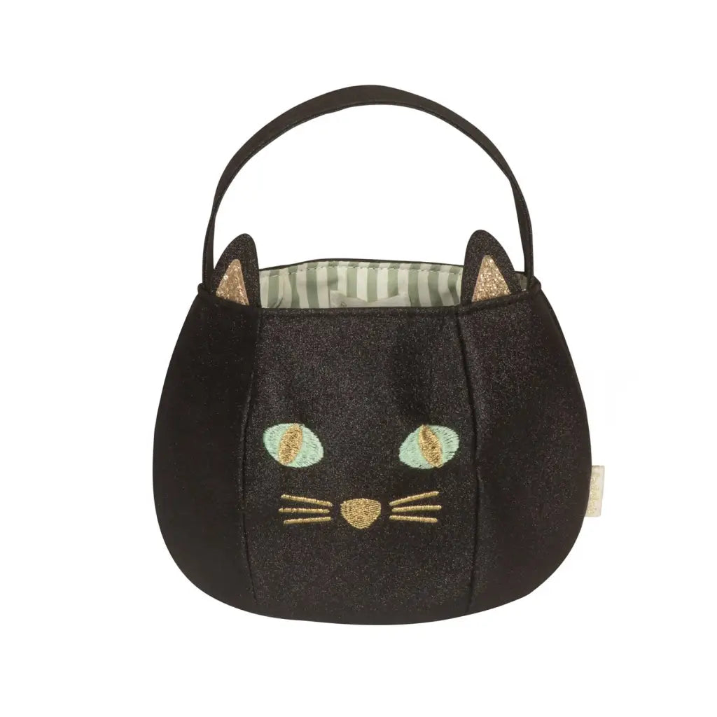 Black Cat Bucket Bag Halloween treat bag with glittery ears and embroidered face