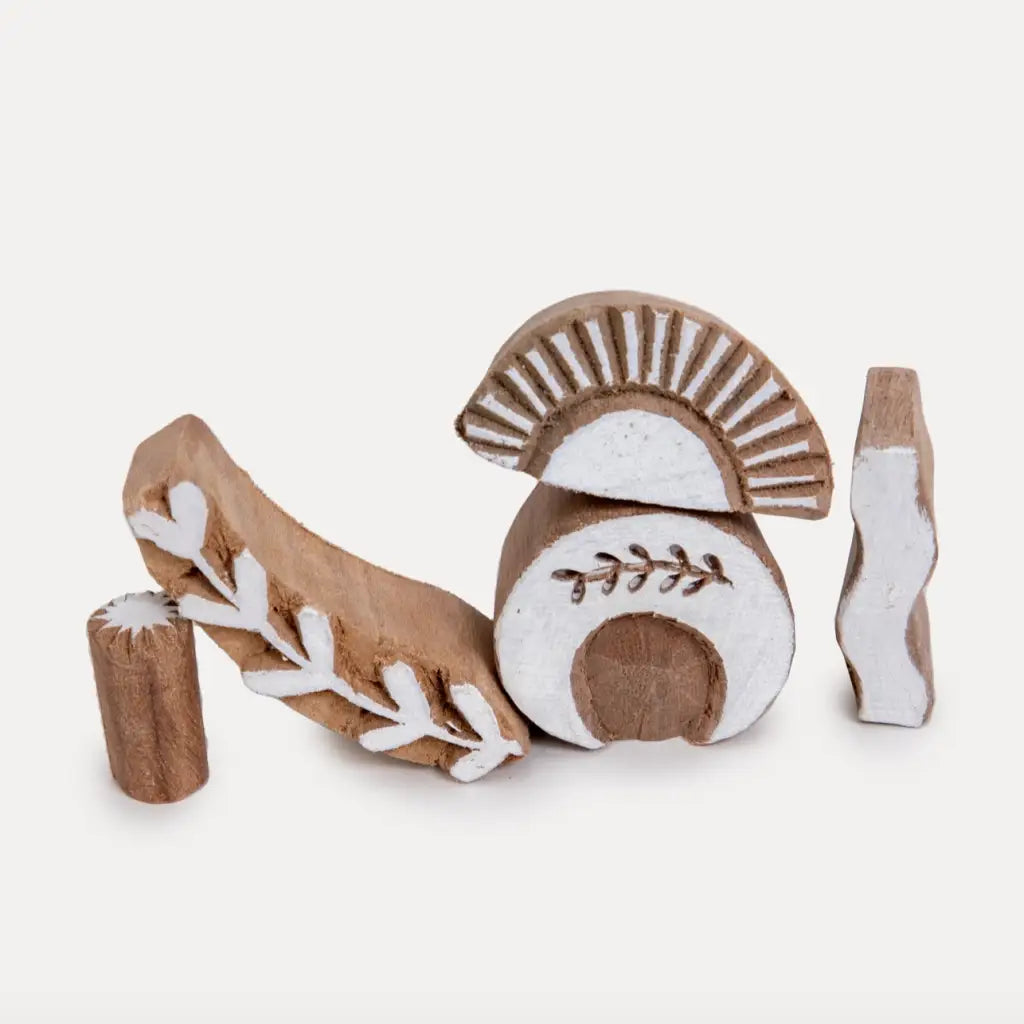 Hand-carved wooden blocks for block printing in Blok Parti Cosmic Tote Kit