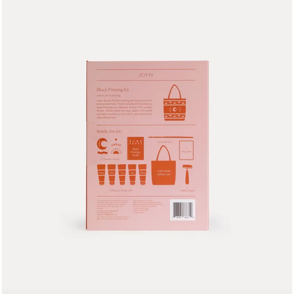Pink skincare kit box featuring Blok Parti design with polished prints and block printing style