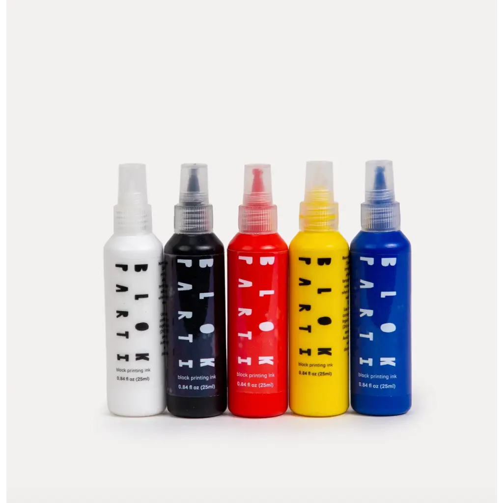 Five colorful block printing ink bottles for Blok Parti Design Your Own Tote Kit