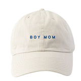 White baseball cap with BOY MOM embroidered in blue, perfect for any boy mom