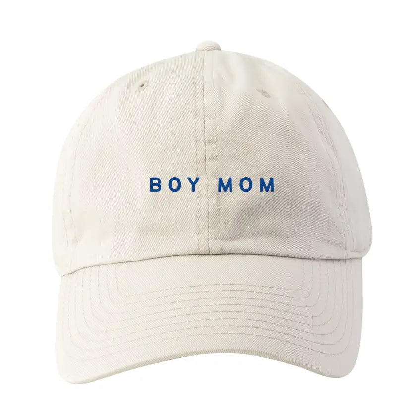 White baseball cap with BOY MOM embroidered in blue, perfect for any boy mom