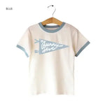 Cream-colored Bunny Hive Signature Ringer Tee with blue trim for a stylish look