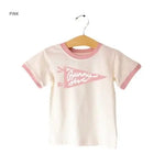 Pink-trimmed Bunny Hive Signature Ringer Tee with fun pennant graphic for adults