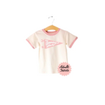 Cream-colored Bunny Hive Signature Ringer Tee with pink trim for adults
