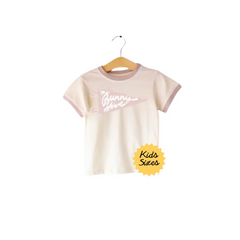 Cream-colored Bunny Hive Signature Ringer Tee with cute pink trim for kids